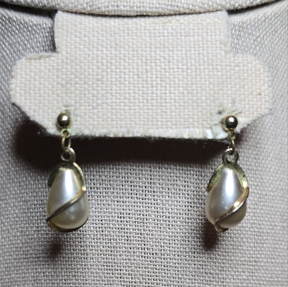 Gold Tone and Faux Pearl Wrapped Earrings